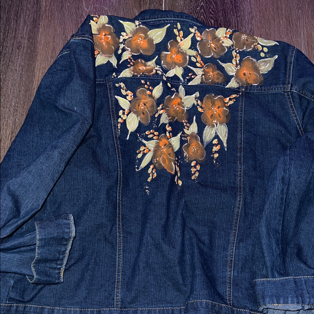 Floral Embroidered Denim Jacket Hand Painted Design Erika Brand Size Xl Nwt